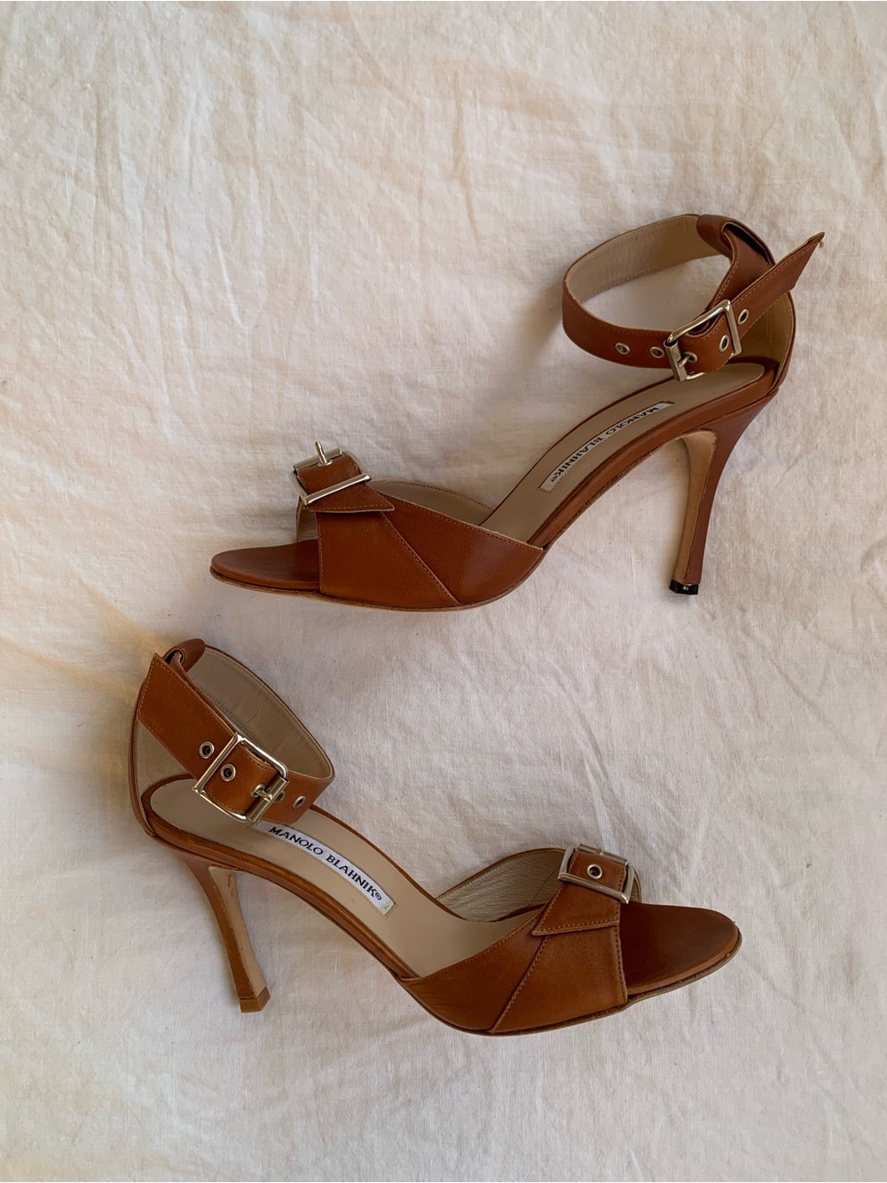 NWT Vintage Manolo Blahnik Leather Buckle Peep Toe Ankle Strap Heels Brown Tan - Picture 3 of 11